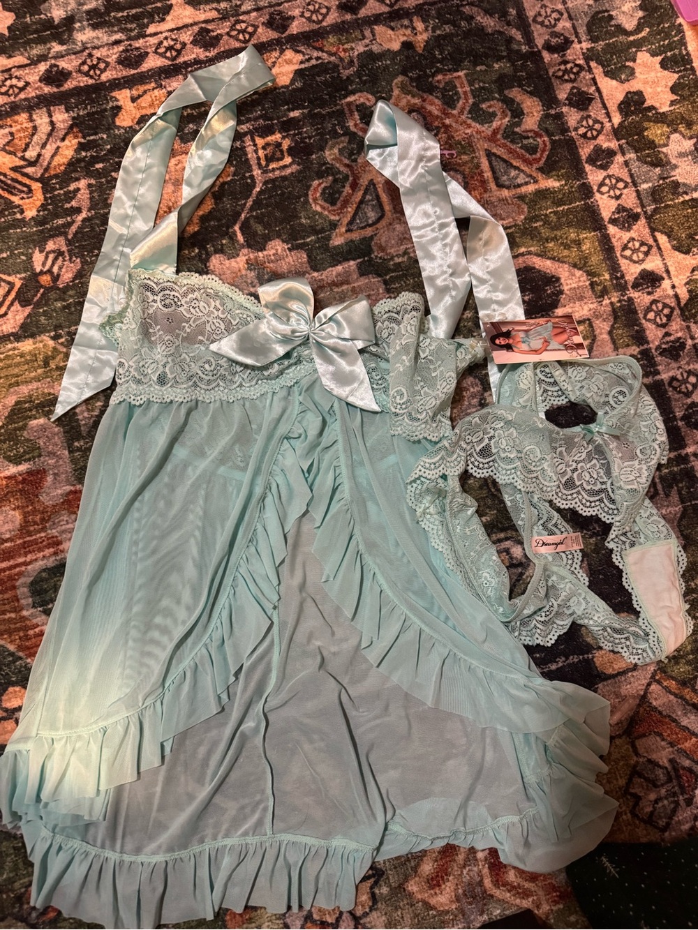 Mint Lace Babydoll Slip with Matching Panties